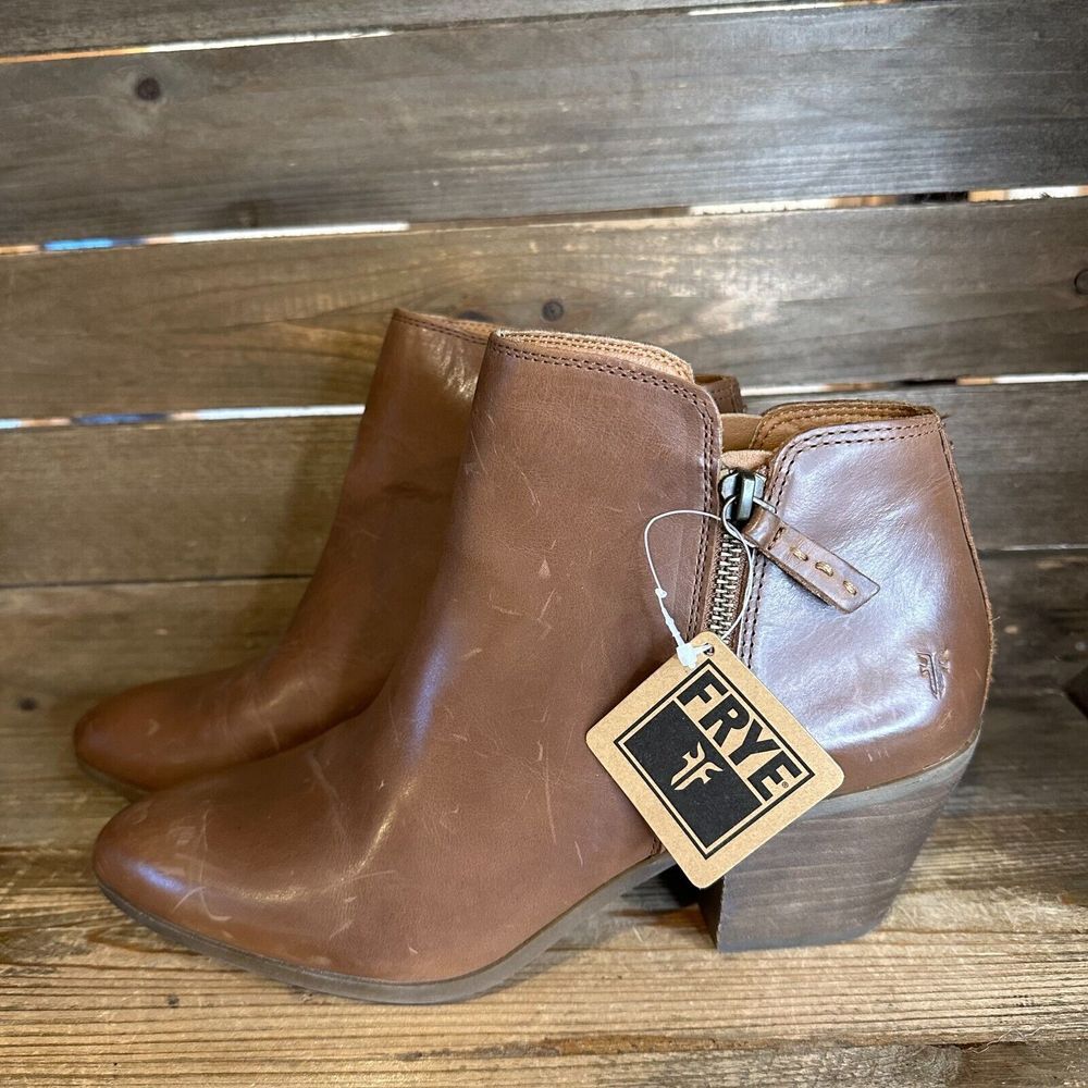 New Womens Frye Judith Zip‎ Brown Leather Heeled Ankle Booties Boots Size 10 M - Picture 2 of 6